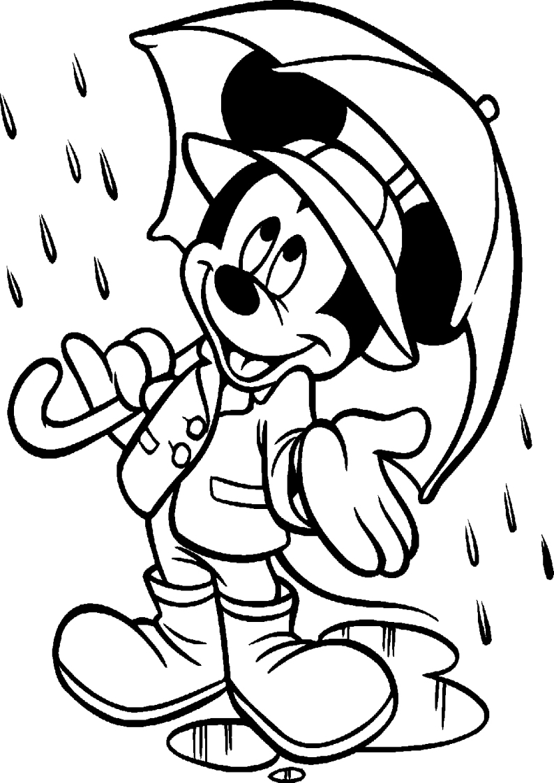 kolorowanka Myszka Miki z parasolem w deszczową pogodę, malowanka do wydruku dla dzieci nr 47